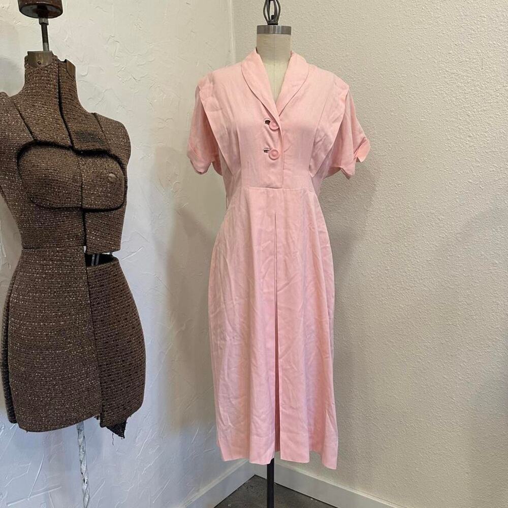 Anjac Classics Womens dress Vintage 1940s/50s Pink Day Dress Button Front Midi